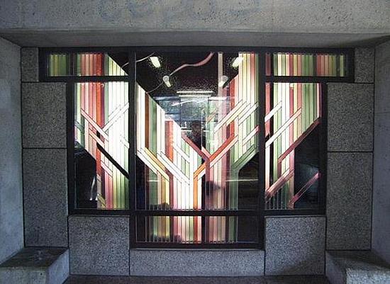 Overview, stained-glass mural in kiosk