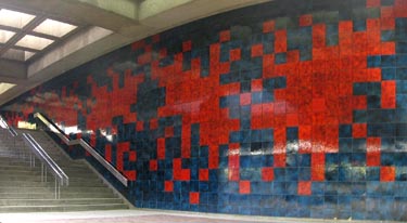 Mural by Jean-Paul Mousseau over stairway from terminus platform