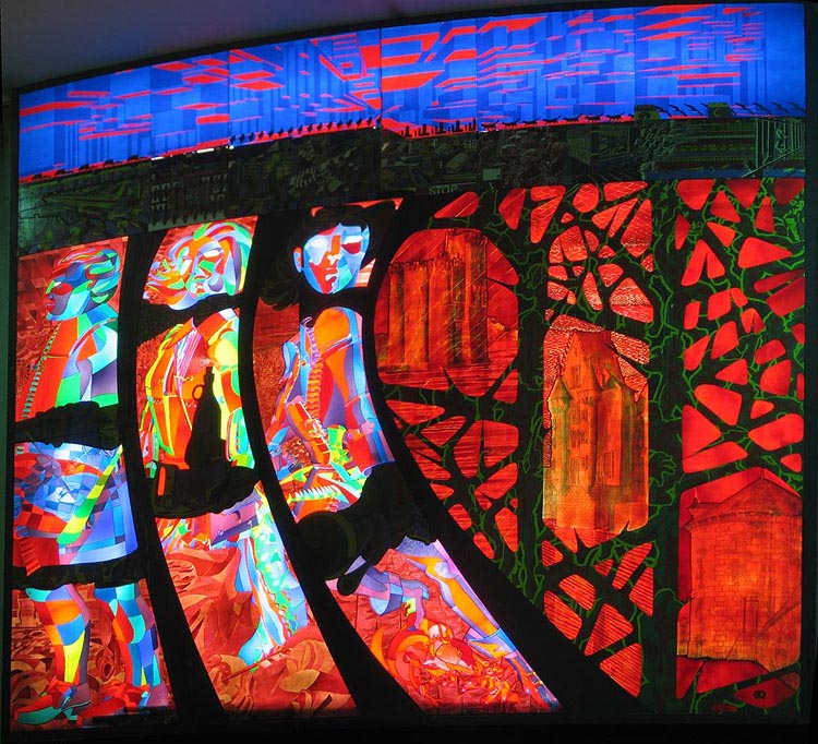 La vidriera «Hommage aux fondateurs de la ville de Montréal» de Pierre Gaboriau y Pierre Osterrath, en la estación Berri-UQAM