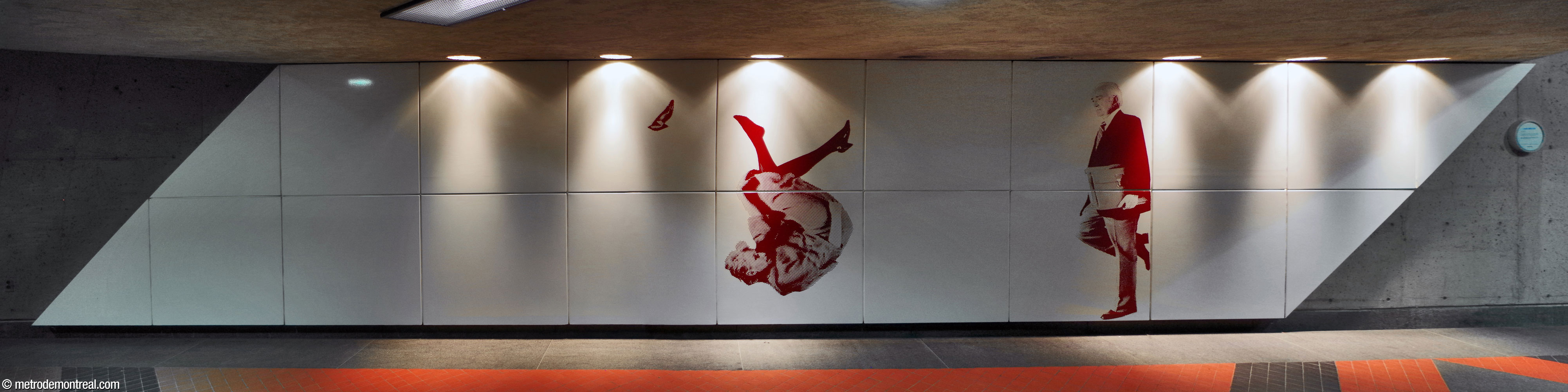 The eastern section of Jean Mercier's murals in the passage between the headhouses: a woman somersaults and kicks her shoe off, while a man stands on one foot.