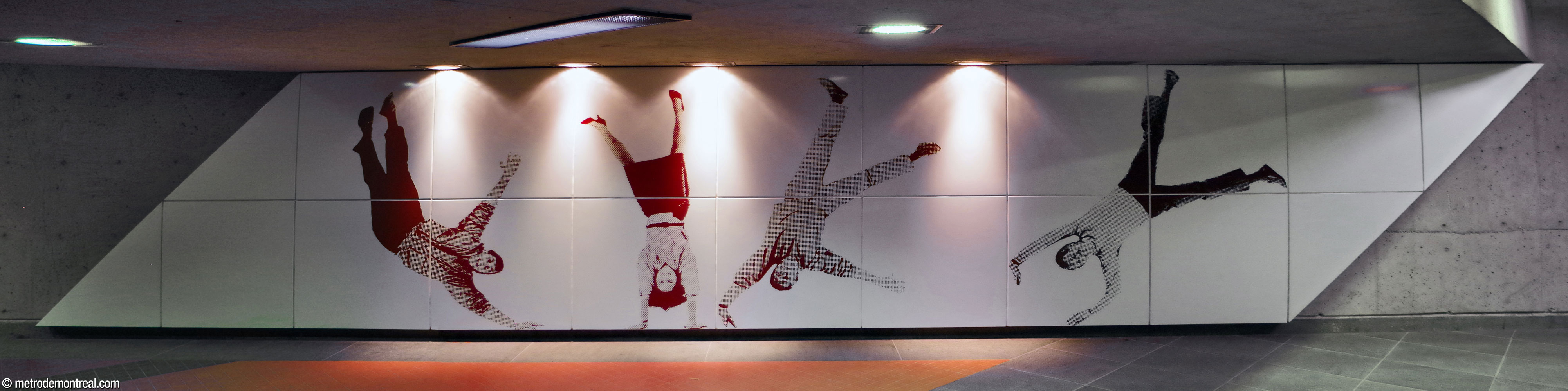 The western section of Jean Mercier's murals in the passage between the headhouses: a woman and three men turn cartwheels.