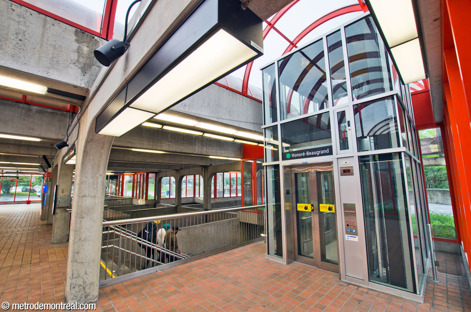 The elevator between the ground floor fare-paid zone and the departure platform below. The elevators are located in extensions to the headhouse built for that purpose.