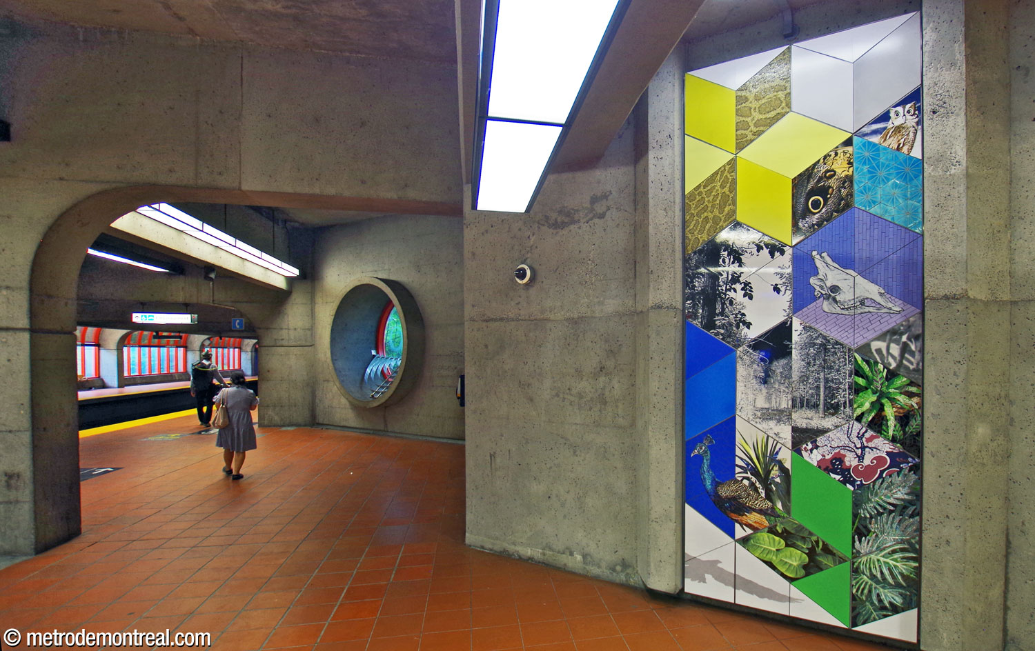 One section of Shelley Miller's artwork Les boîtes vivantes, located on the departure platform near the stairs and elevator.