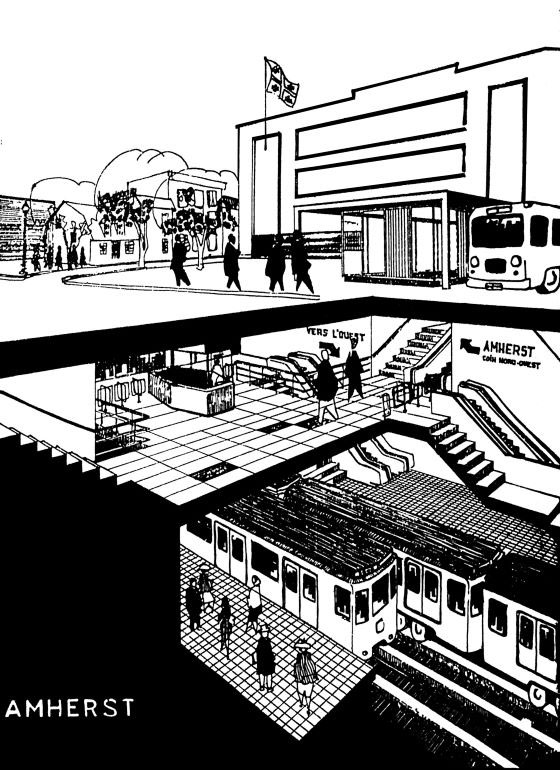 Esquisse conceptuelle de la station de métro Amherst, subséquemment annulée puis remplacée par la station Beaudry