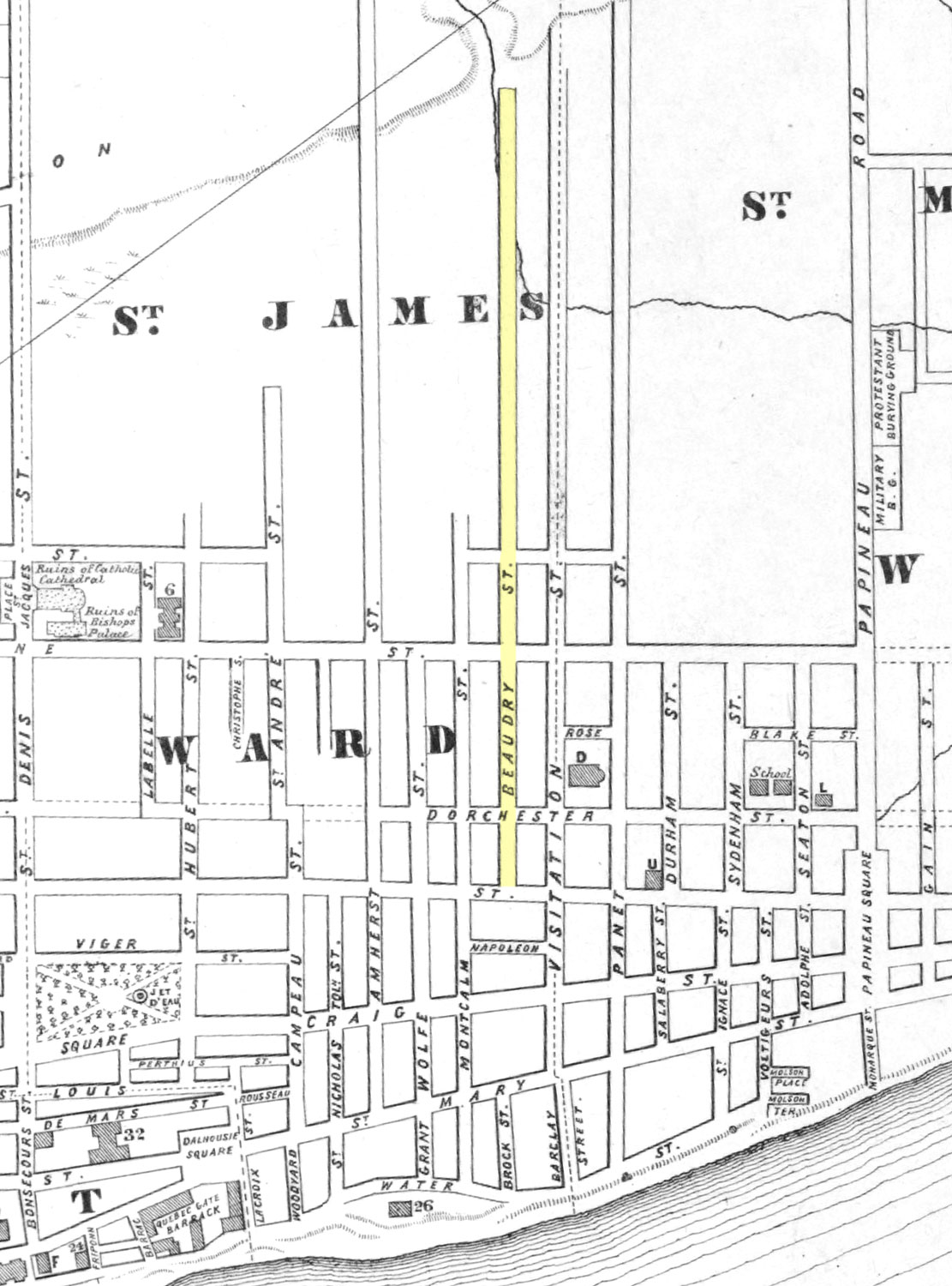 La rue Beaudry sur un plan daté 1853.