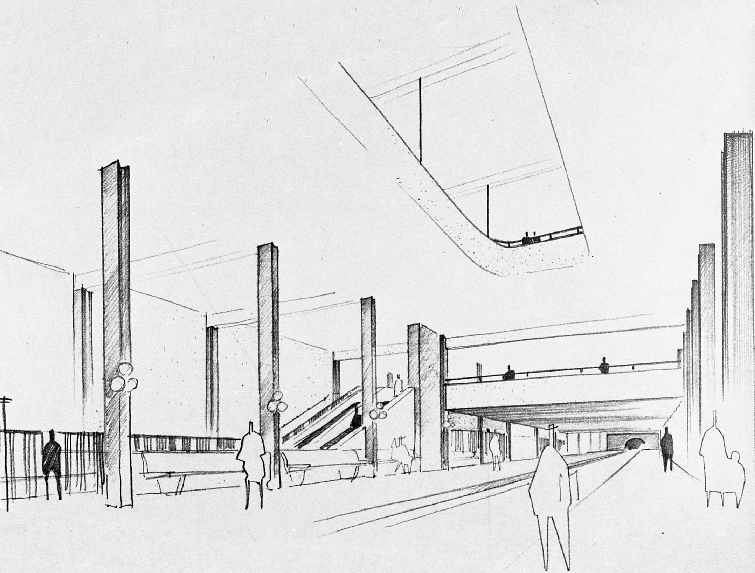 Esquisse architecturale de la partie ouest des quais de la ligne verte