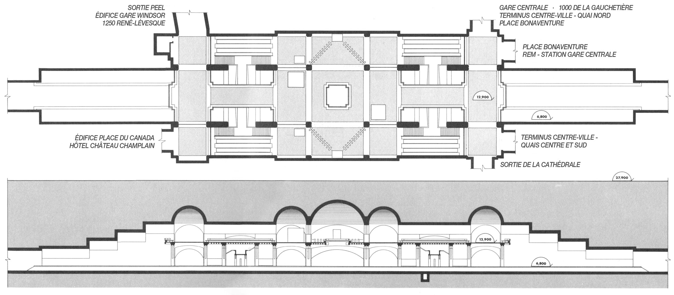 Ces dessins architecturaux de la station présentent son aménagement symétrique composé de voûtes parallèles et transversales, dont les croisées sont coiffées de coupoles.