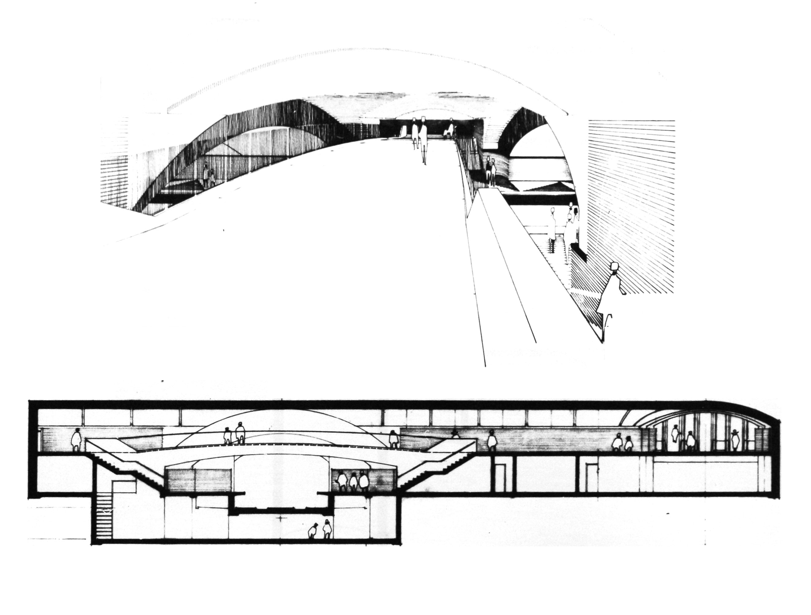 Sketch and elevation of the trainroom as originally planned as a normal side-platform station