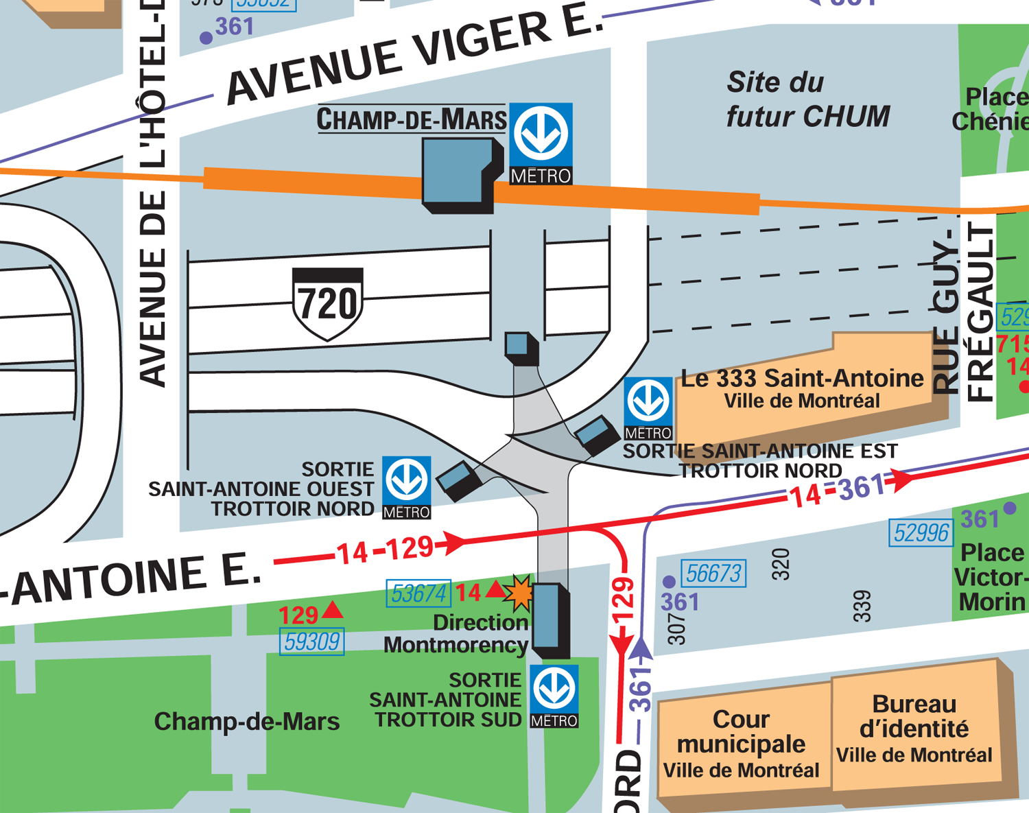 STM station neighbourhood map showing the Champ-de-Mars tunnel and its entrances.