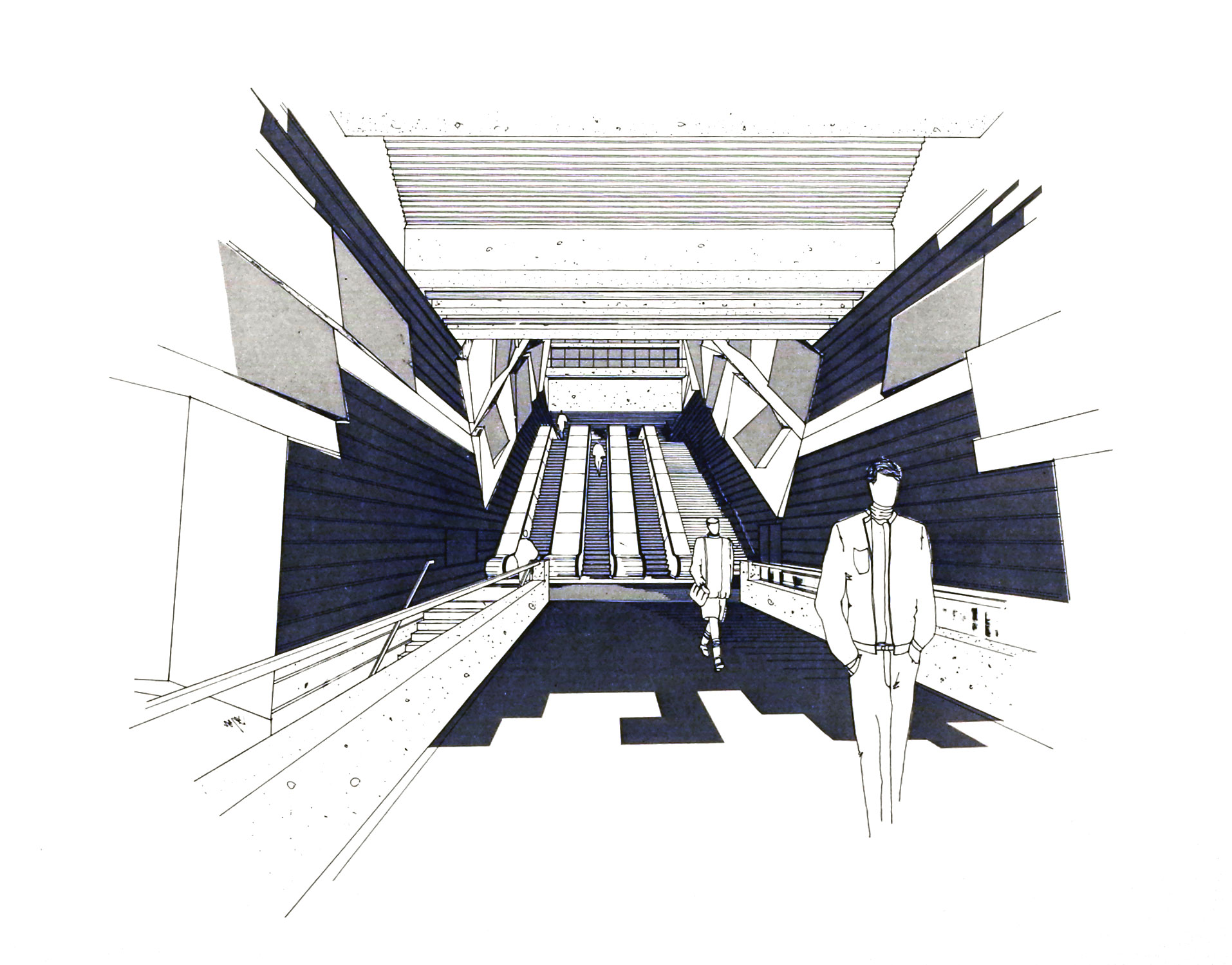 Esquisse architecturale du grand volume, montrant les sculptures d'Yves Trudeau qui continuent jusqu'en haut des escaliers