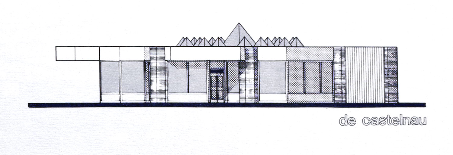 Architectural elevation showing the planned pyramid-shaped skylights atop the Saint-Laurent Ouest headhouse.