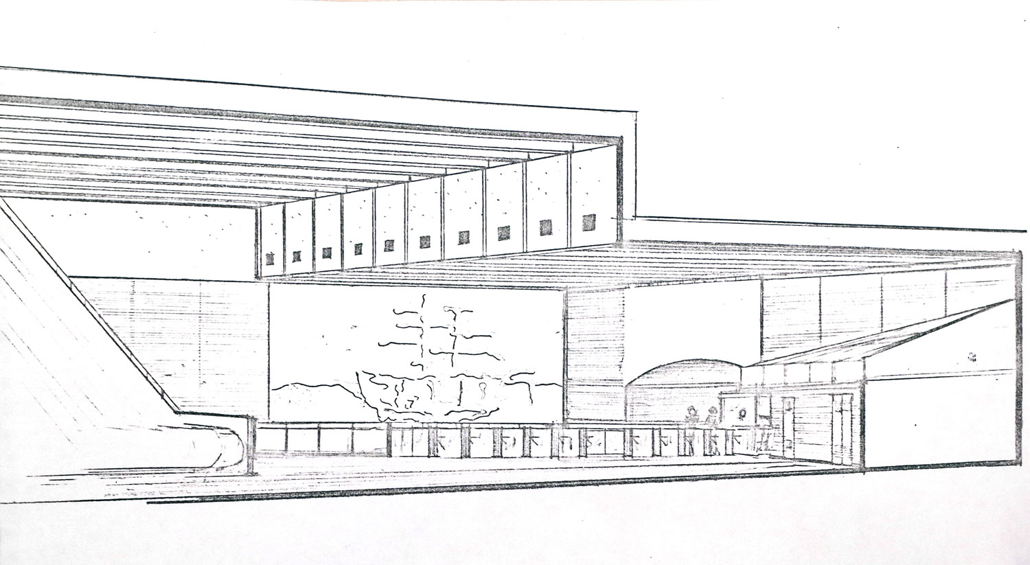 Architectural sketch of the Louis-Hébert ticket hall volume.