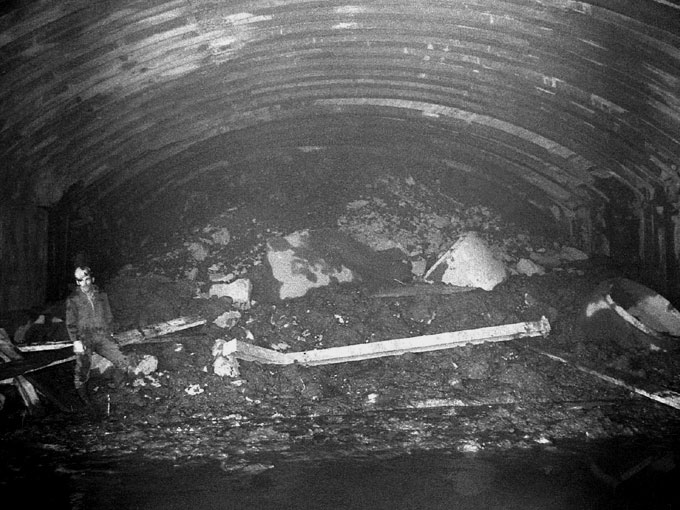 View inside the station excavation after the cave-in, March 1974.