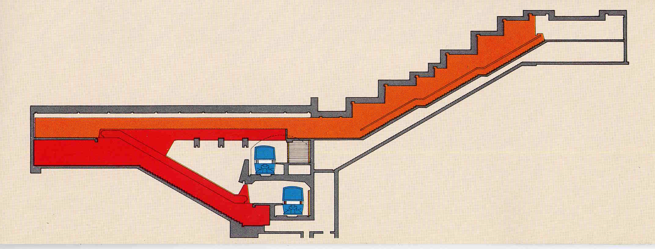 Elevation through the Wellington access of De l'Église metro station, showing the stacked platform arrangement with the deep stairwell leading to the Angrignon platform.