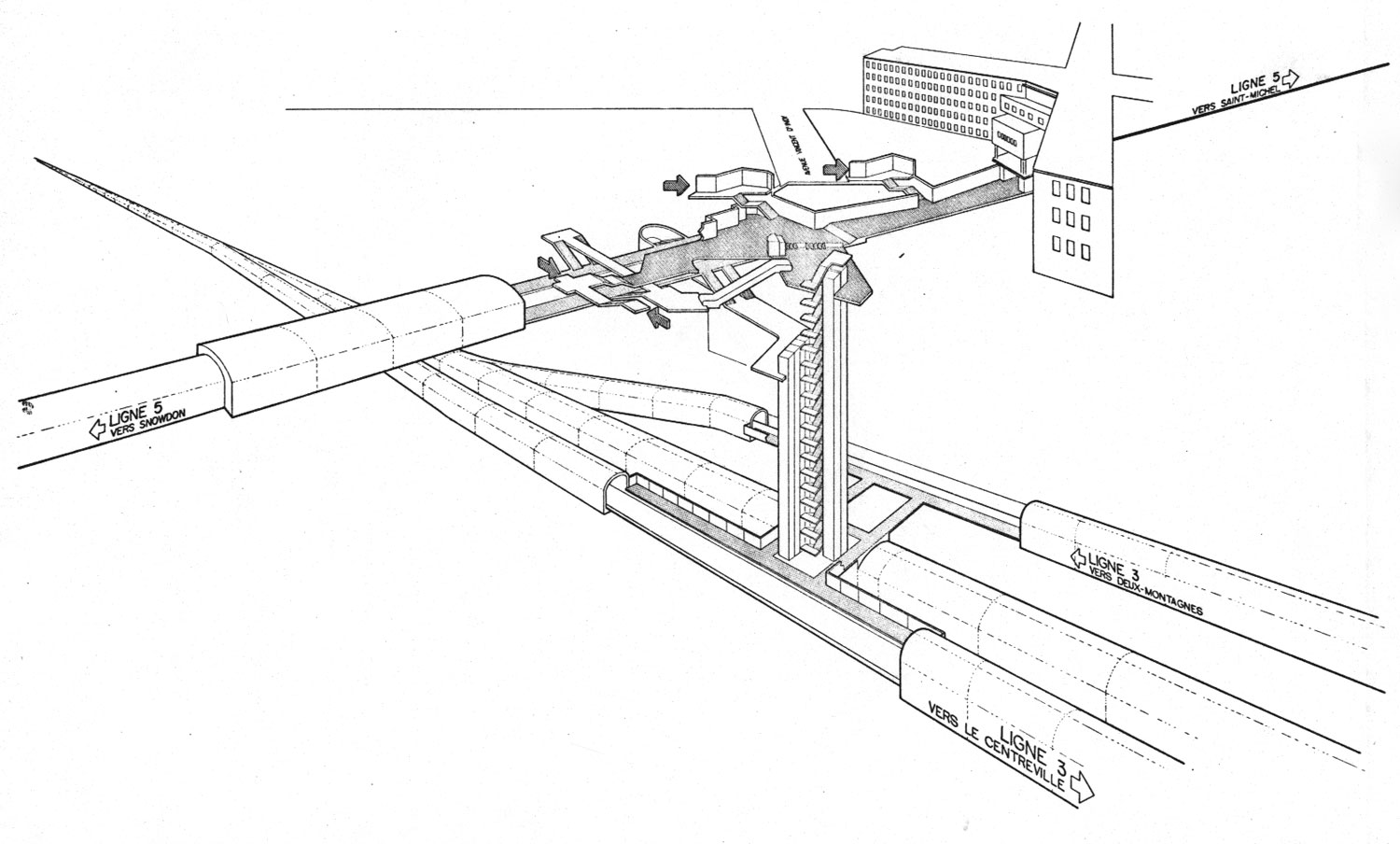 Rendu architectural présentant le raccordement entre la station de métro et d'une gare projetée au niveau du tunnel du Mont-Royal, reliée par un groupe d'ascenseurs à la zone contrôlée du niveau de la billetterie ainsi qu'à un accès direct aux quais du métro.