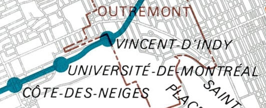 Plan des prolongements projetés produit par le BTM en 1976, montrant la station sous le nom Vincent-D’Indy.