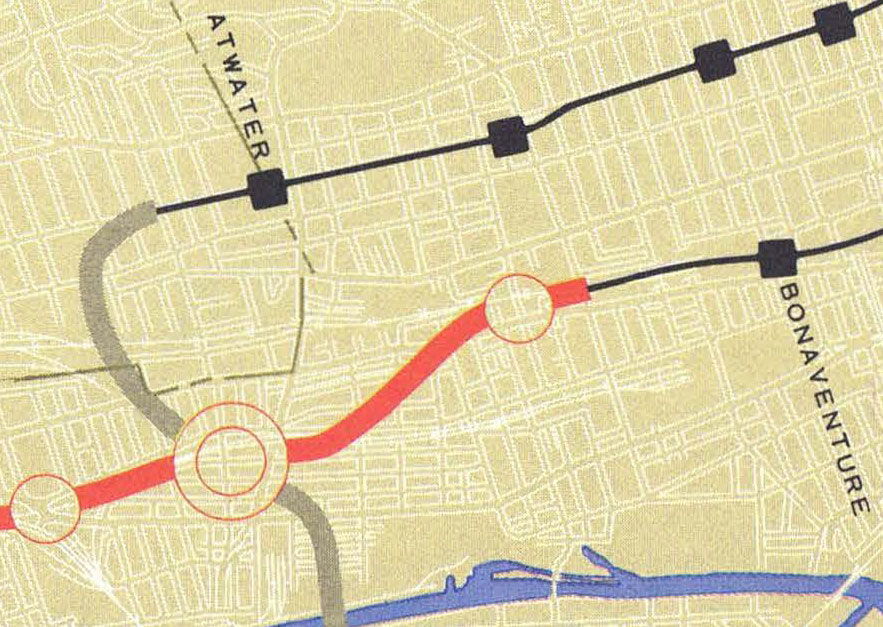 Plan des prolongements produit par le BTM en 1970 et prévoyant une seule station entre Bonaventure et Lionel-Groulx, à la hauteur du square Richmond.