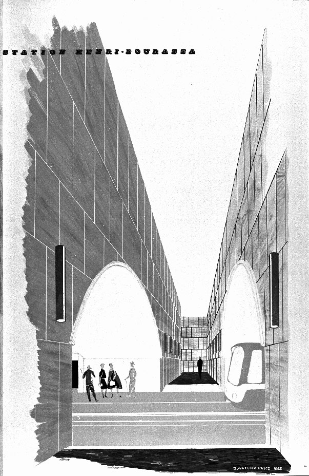 Esquisse architecturale des quais et du couloir vers les escaliers.