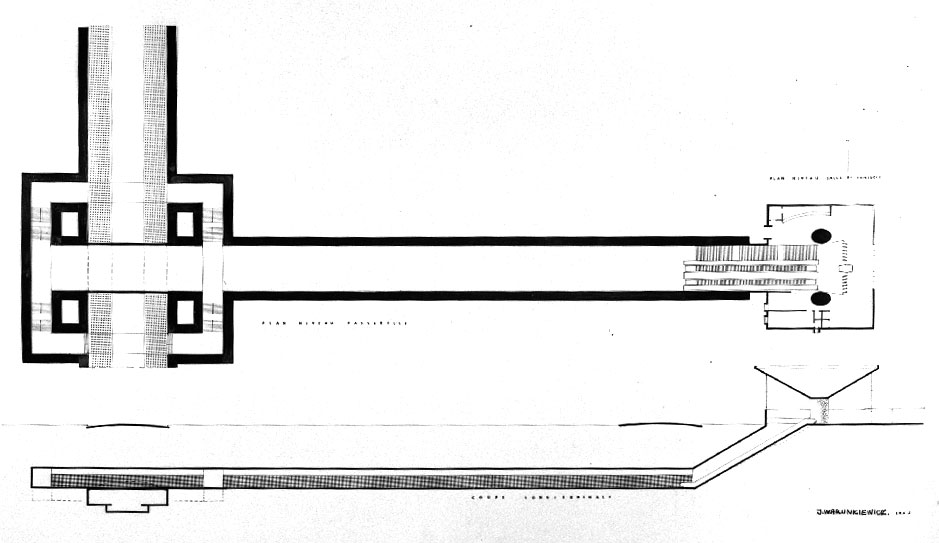 Plan architectural du transept et du tunnel d'accès de la station, avec l'édicule projeté à l'extrémité.