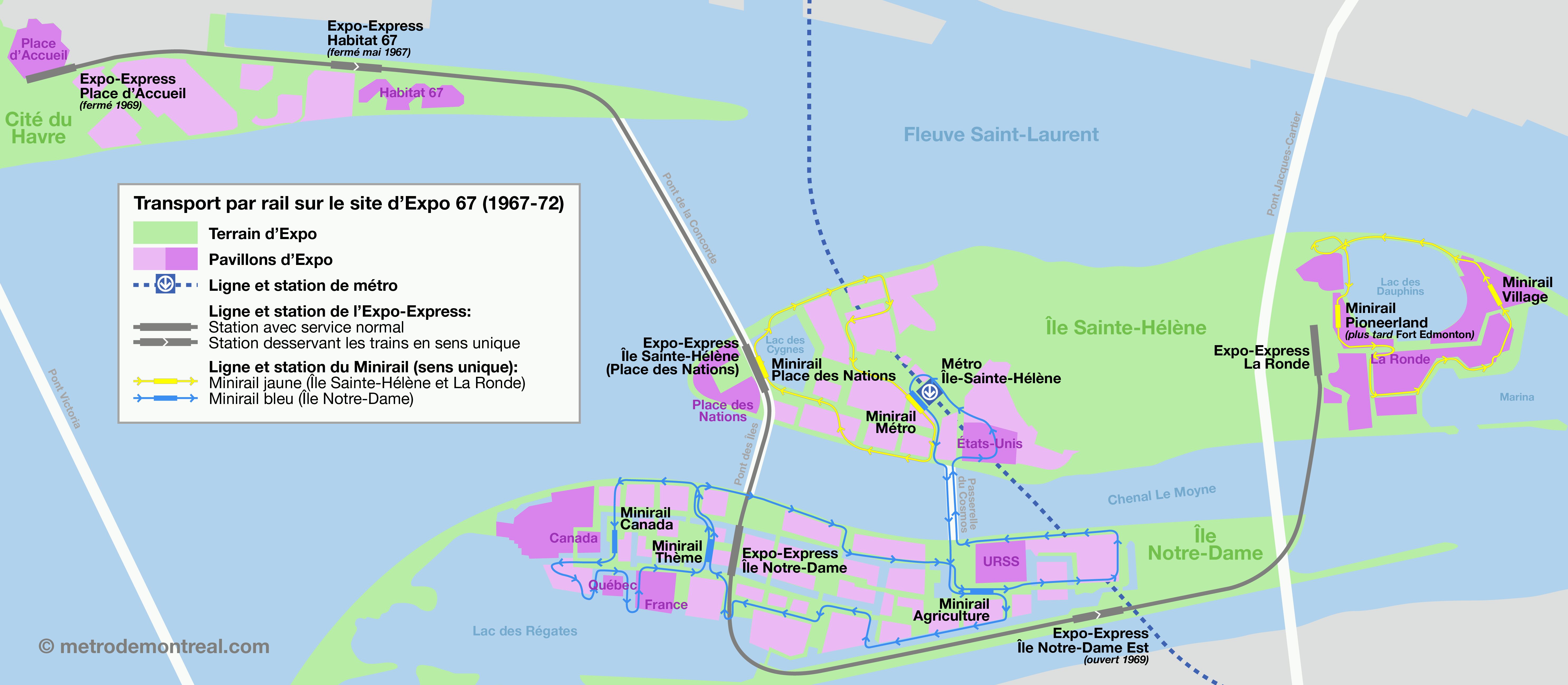 Plan des systèmes de transport par rail desservant le site d’Expo 67 : le métro, l’Expo-Express et le Minirail.