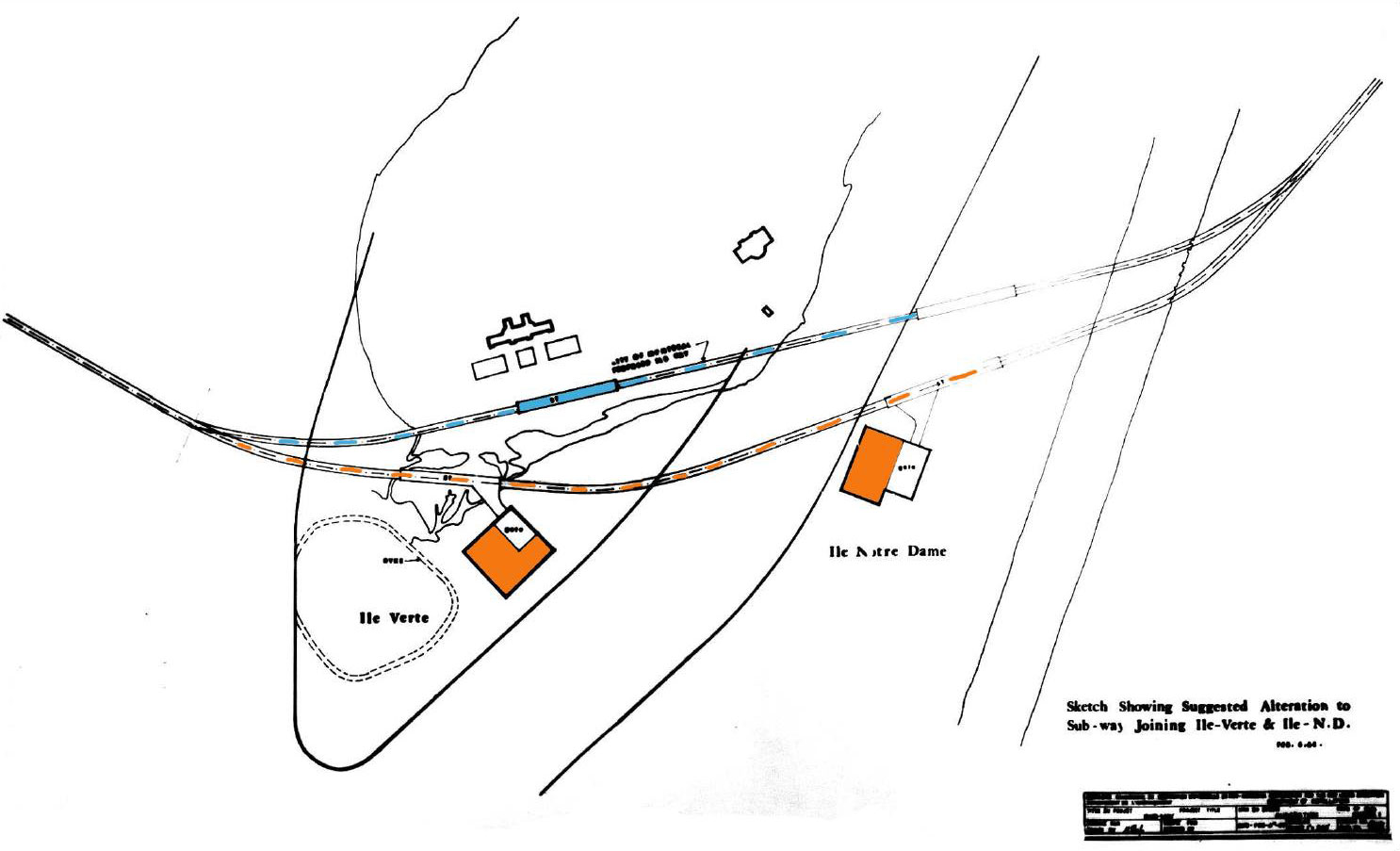Plan d’un tracé alternatif proposé pour les voies du métro, présenté en orange avec le tracé définitif en bleu. Les deux routes présentent les sites des stations Île-Sainte-Hélène et Île-Notre-Dame; l’alignement proposé présente un site alternatif pour la station Île-Sainte-Hélène, plus au sud-ouest.