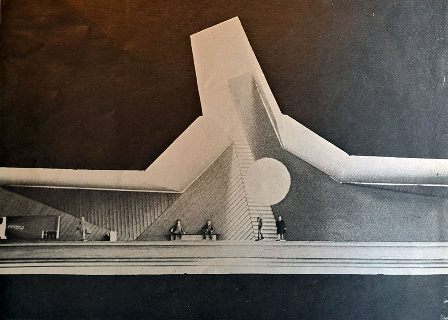 Architect's maquette showing the secondary light shaft over the trainroom, with the sphere sculpture planned for it.