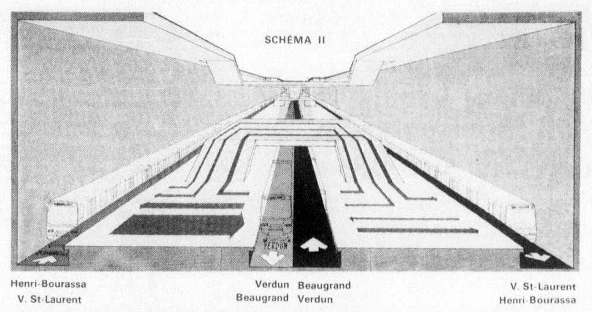 Diagramme présentant un aménagement alternatif proposé de la station, avec deux quais centraux parallèles reliés par une passerelle