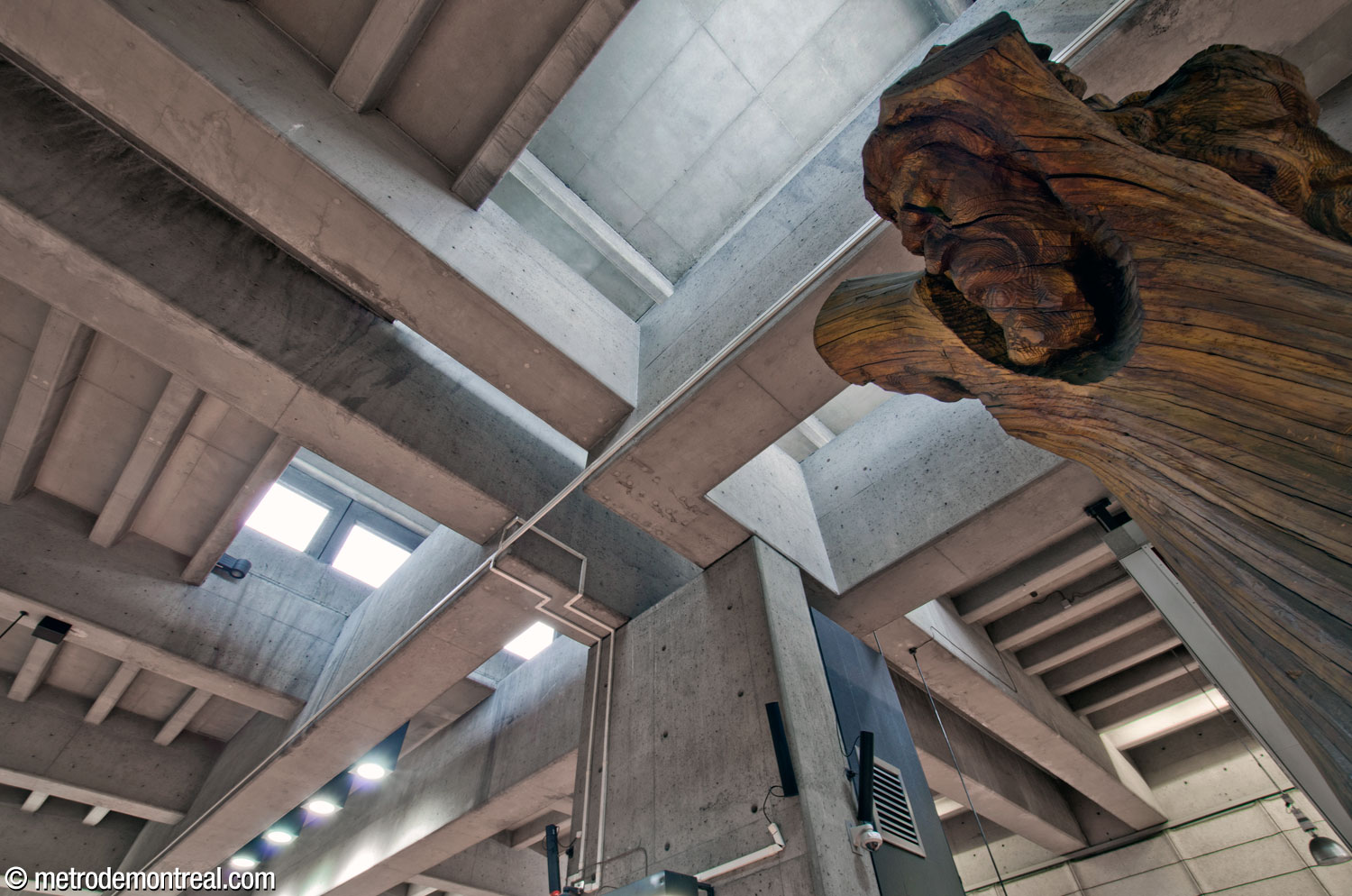 L'un des deux puits de lumière de la station. Celui-ci se trouve au-dessus de la mezzanine et la sculpture L'Arbre de vie de Joseph Rifesser. Le puits couronne l'une des colonnes centrales de la station et l'entrecroisement des poutres qu'elle soutient; celles-ci portent à leur tour le toit et les niveaux de la station.
