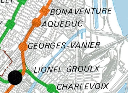 A 1976 BTM map of planned extensions showing the station’s name as Aqueduc.