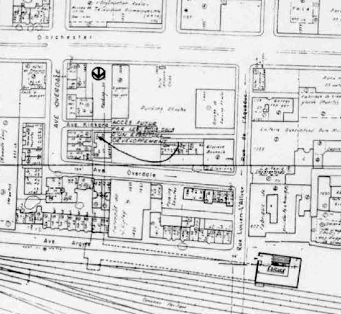 A 1978 city planning map showing the possible construction of an access to Boulevard René-Lévesque from the western end of the station.