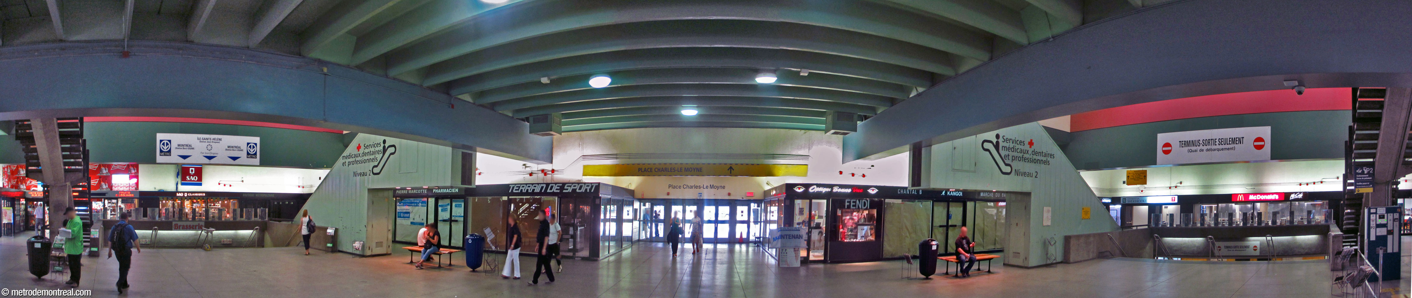 Panorama of the interior of the former Complexe Charles-Le Moyne, with stairwells leading to and from the metro platforms.