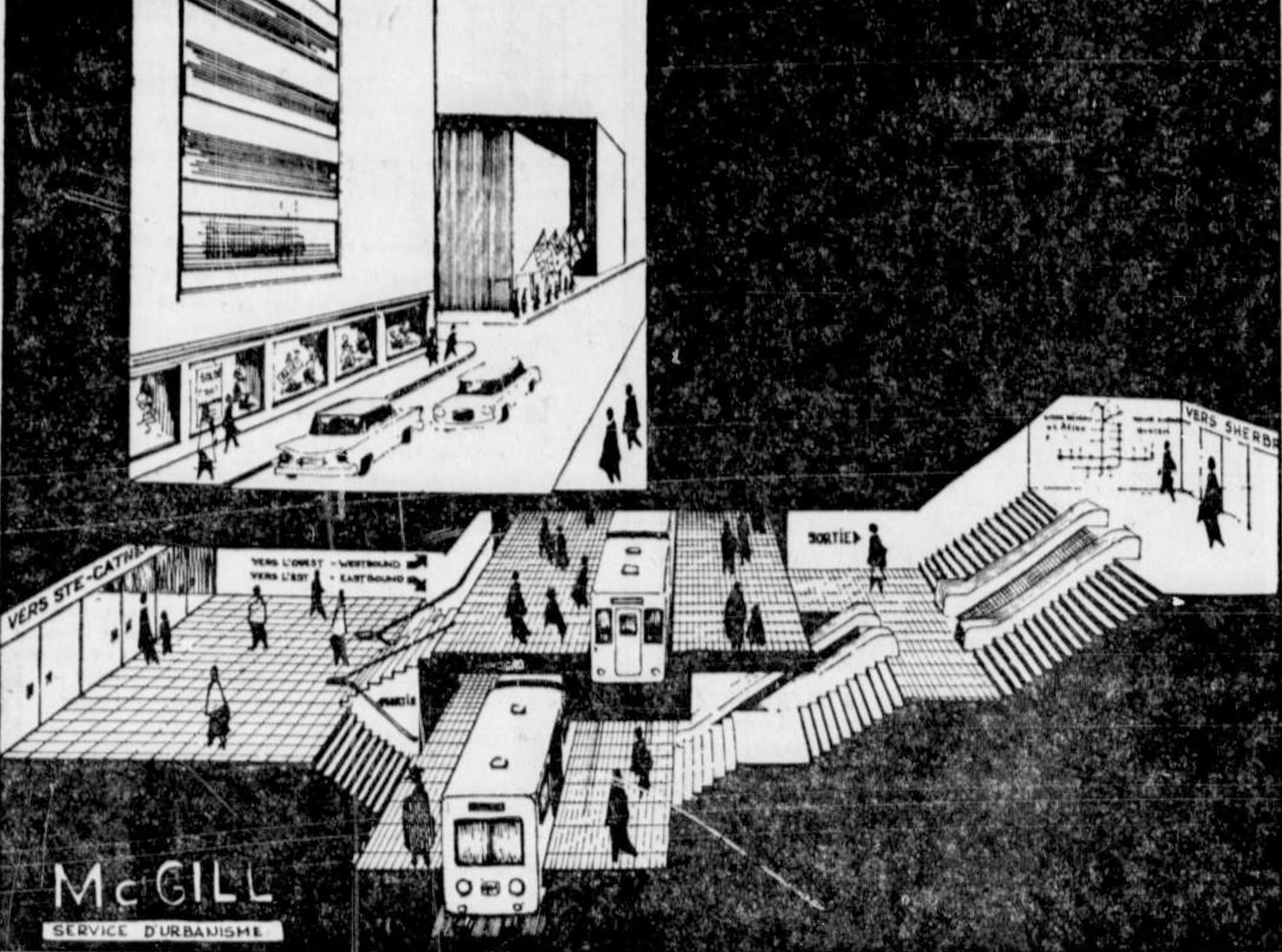 Unusual, very early concept drawing of McGill station, depicting it as a stacked-platform station using the 'Spanish solution' of platforms permitting loading and unloading on both sides of each train