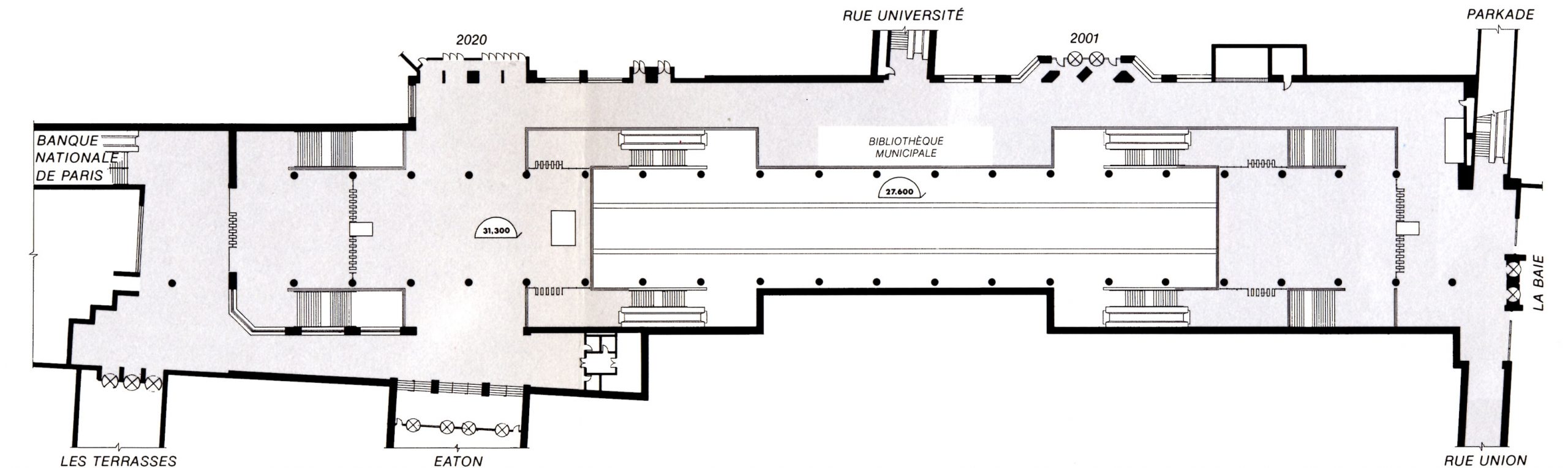 Floor plan showing the configuration of the mezzanine level before the addition of the south passage with the construction of the Maison des Coopérants (today's Tour KPMG) in 1992