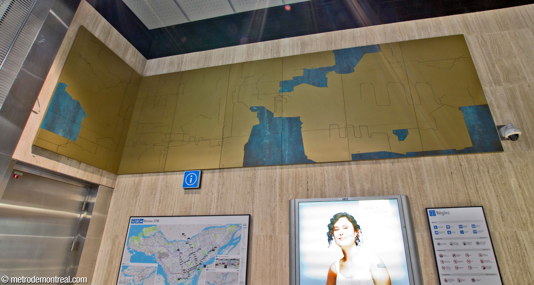 The first section of the mural cycle Vestiges by Mathieu Lévesque, inside the McGill College exit.