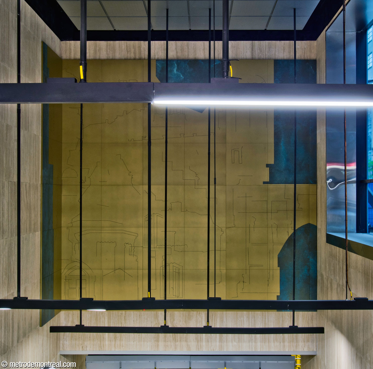 The second section of the mural cycle Vestiges by Mathieu Lévesque, over the stairs down from the McGill College exit.