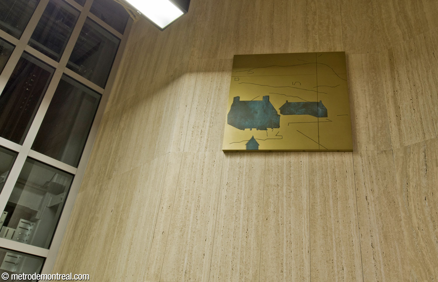 The small third section of the mural cycle Vestiges by Mathieu Lévesque, at ticket hall level near the elevator to the Angrignon platform.