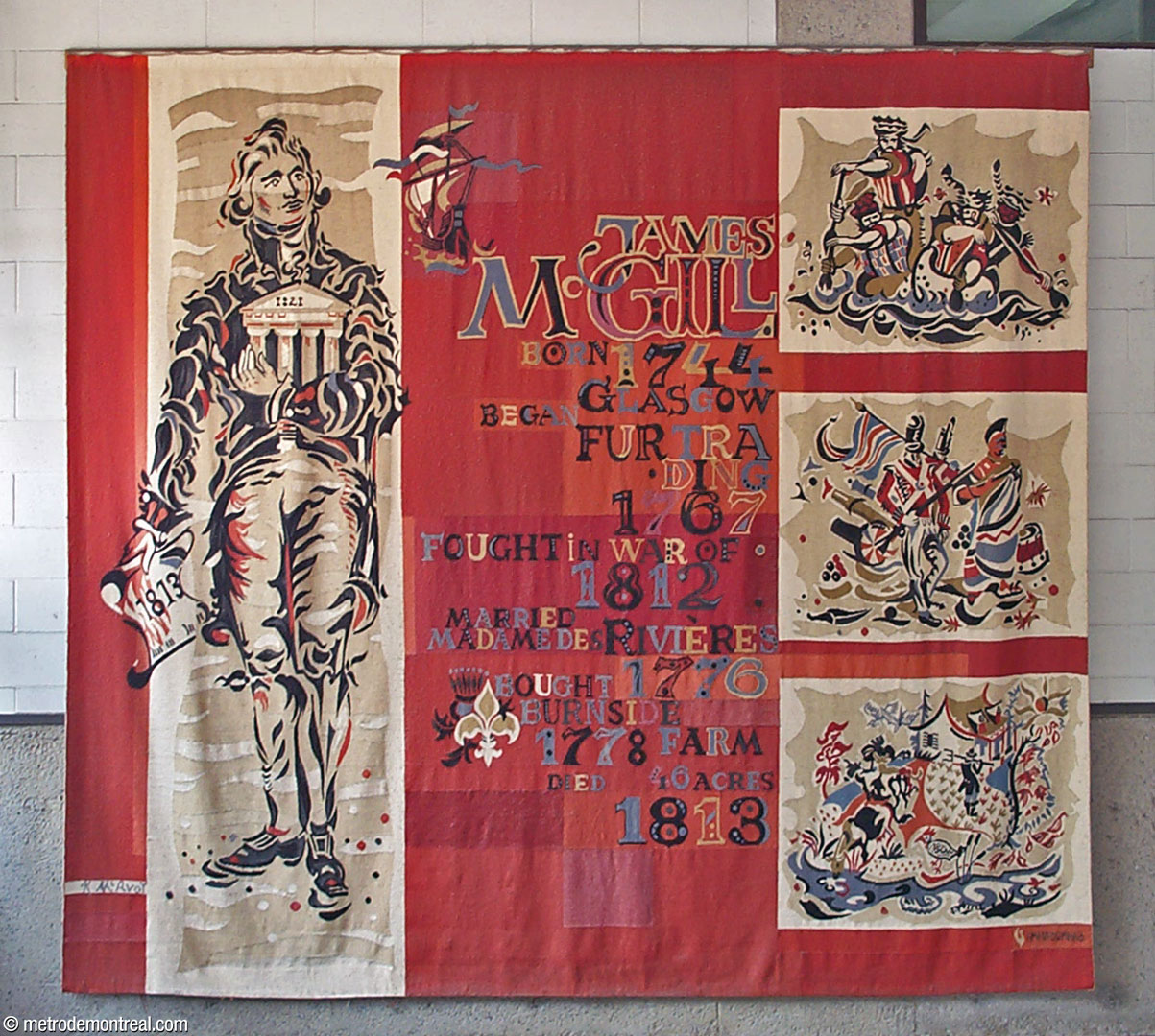 James McGill, tapestry by Kelvin McAvoy, formerly in McGill station, displayed in the Humanities and Social Sciences Library of McGill University until 2020