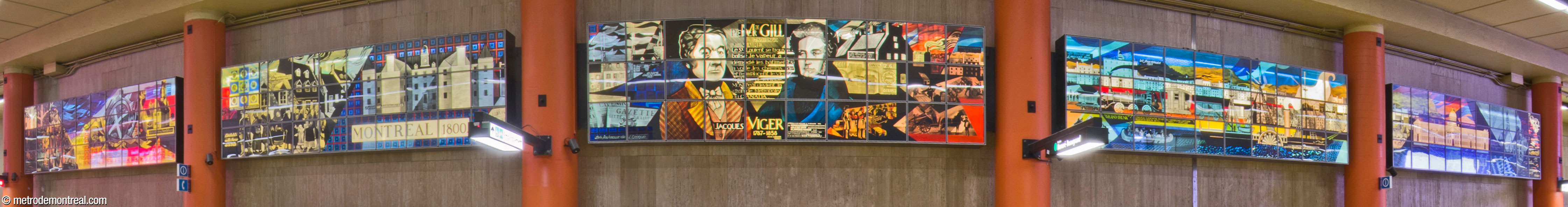 Panorama of the five elements of Montreal Scenes Circa 1830 (La vie à Montréal au XIXe siècle) by Nicolas Sollogoub, located above the Honoré-Beaugrand platform.