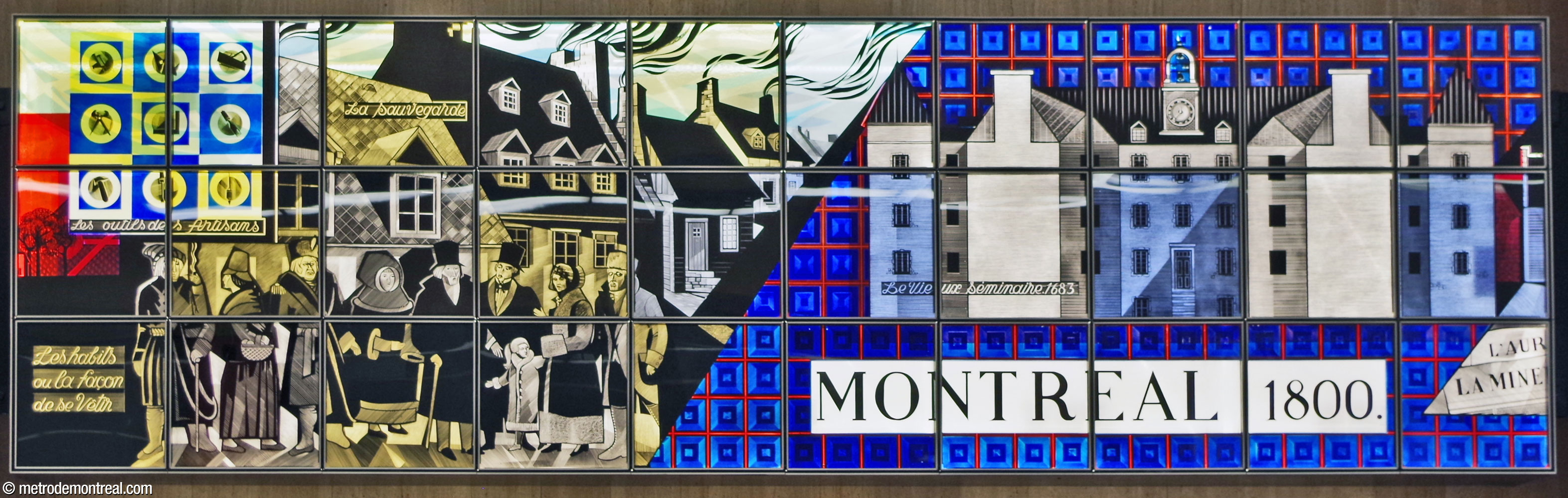 The second segment from the east of Montreal Scenes Circa 1830 by Nicolas Sollogoub, featuring historic garments and the Vieux Séminaire.