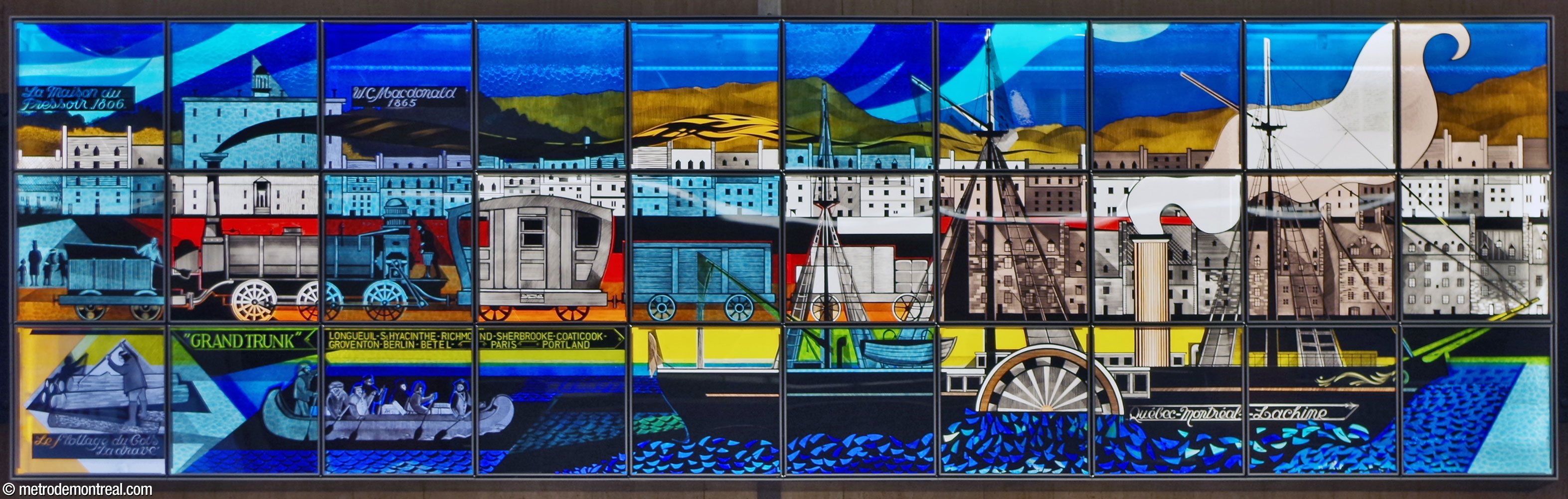 The second segment from the west of Montreal Scenes Circa 1830 by Nicolas Sollogoub, featuring water and rail transport.