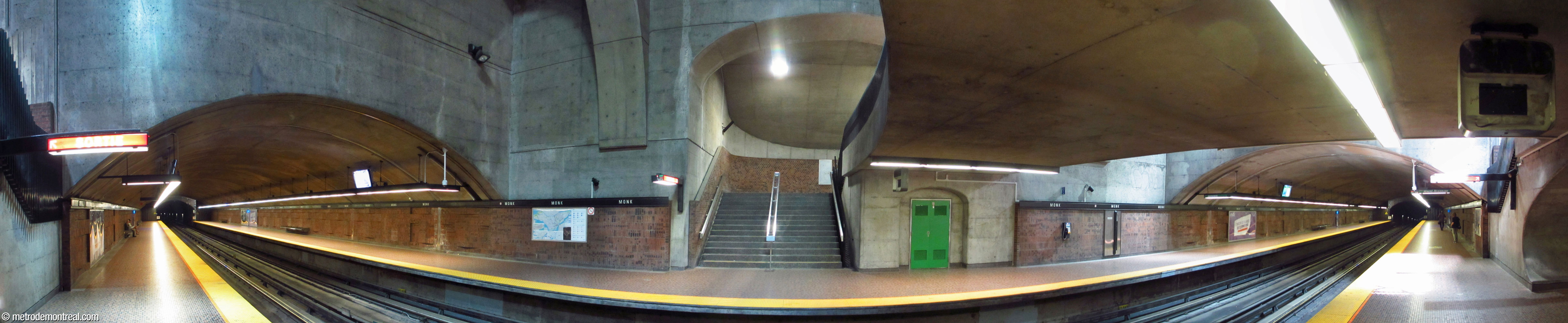 Panorama of the platforms at Monk metro station, seen from the Honoré-Beaugrand platform in the main volume.