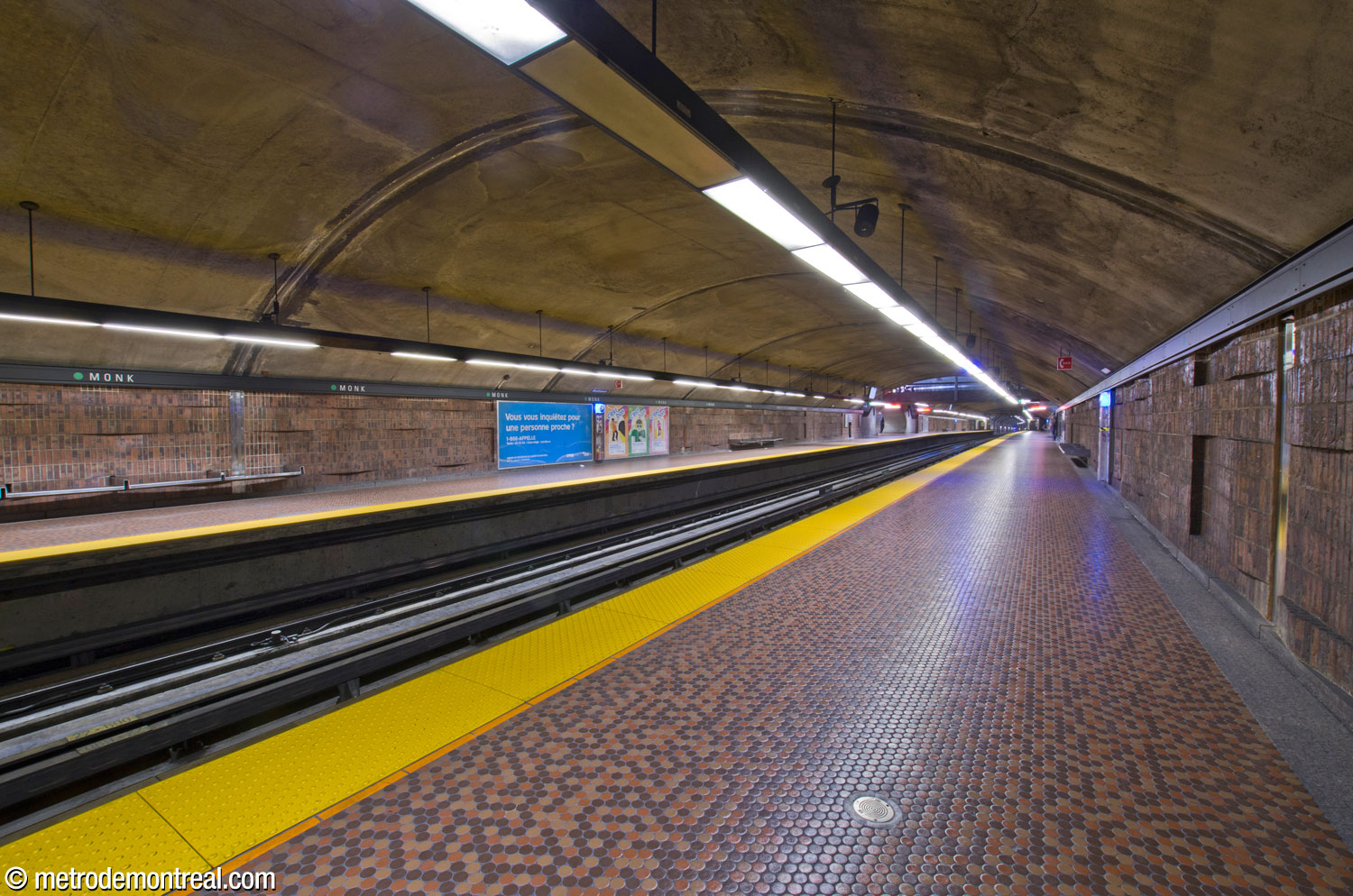 The tunnelled trainroom at Monk metro station, seen from the tail of the Angrignon platform.