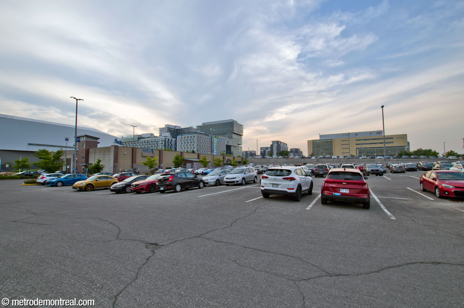The parking lot and parking garage seen from the southeast.