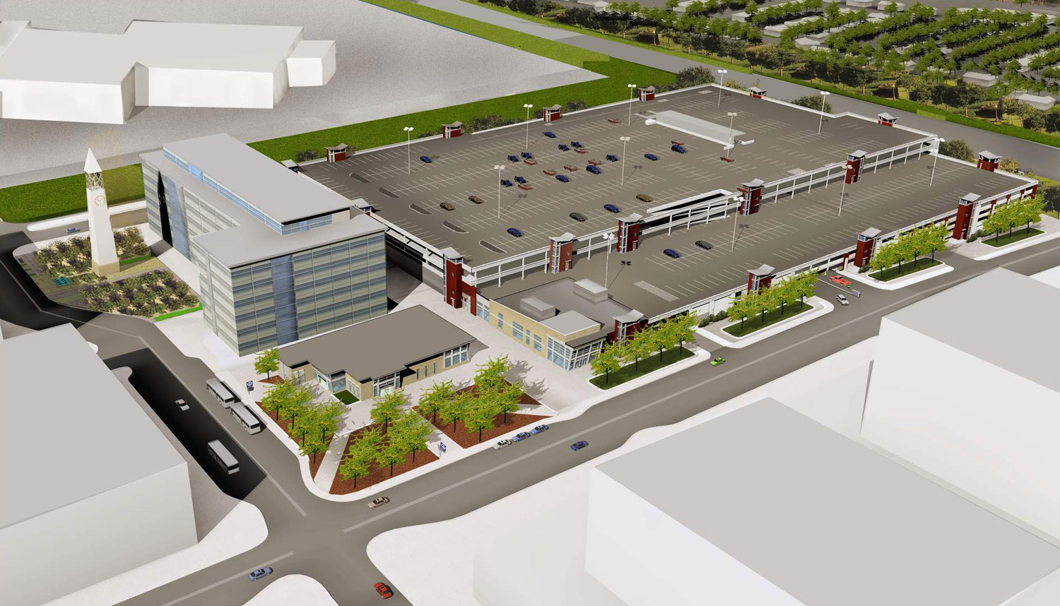 An architectural rendering of the station complex from February 2003, showing the enormous above-ground parking garage originally planned, which would have incorporated the bus terminal.