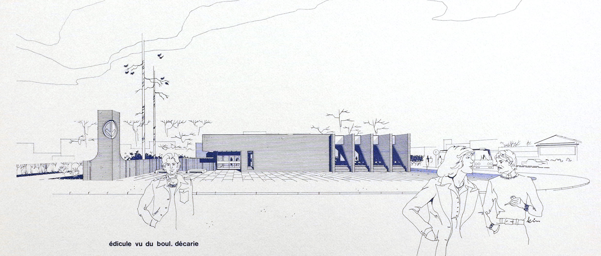Architectural sketch of the headhouse, showing a planned wall and mast with a metro logo at the north end.