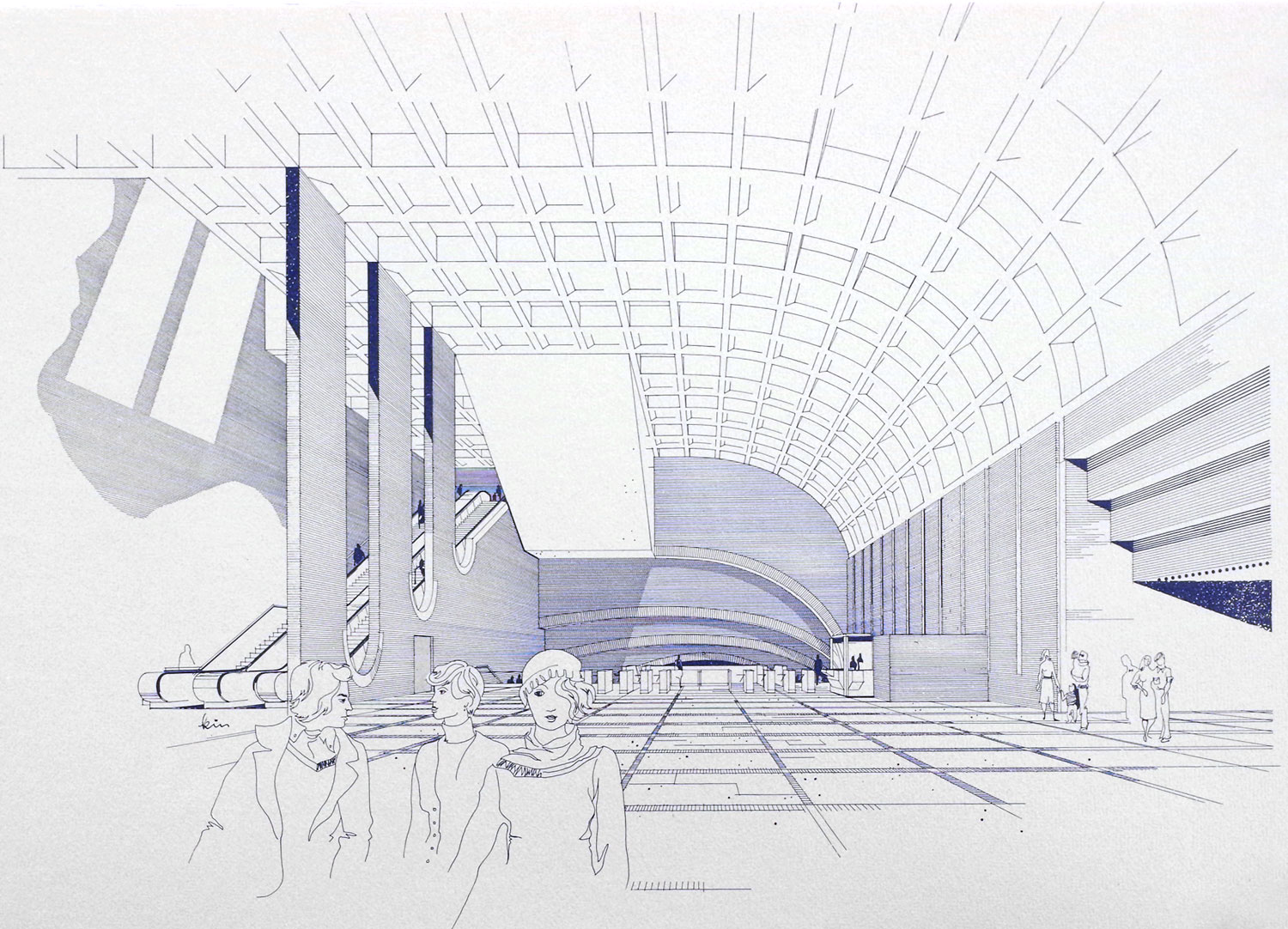 Architectural sketch of the ticket hall. Note the semicircular joins between the columns (left) and the entrance to a tunnel leading to the anticipated access on the west side of Autoroute Décarie (right).