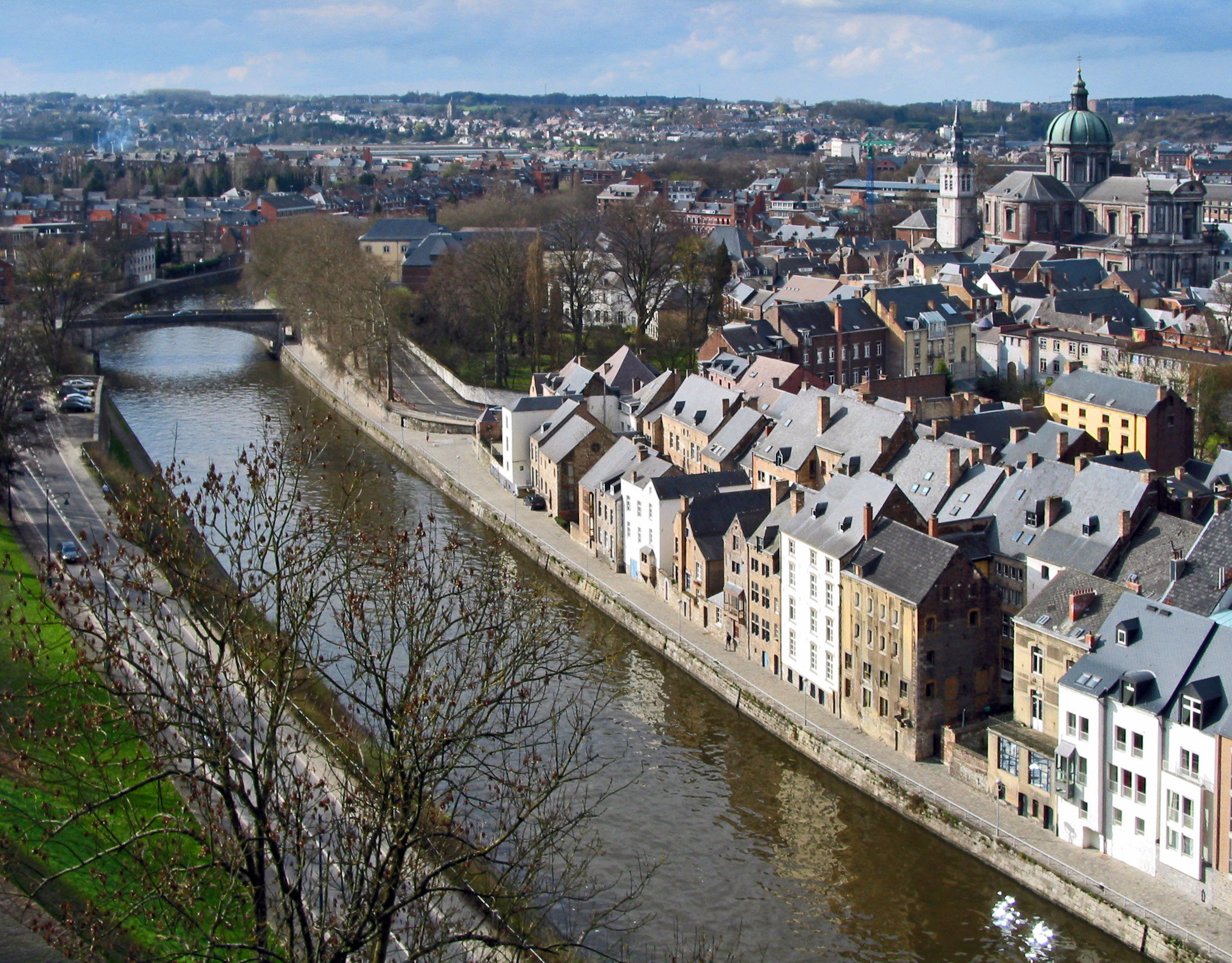 The city of Namur, Belgium, with the Sambre river and Saint-Aubin Cathedral (right).