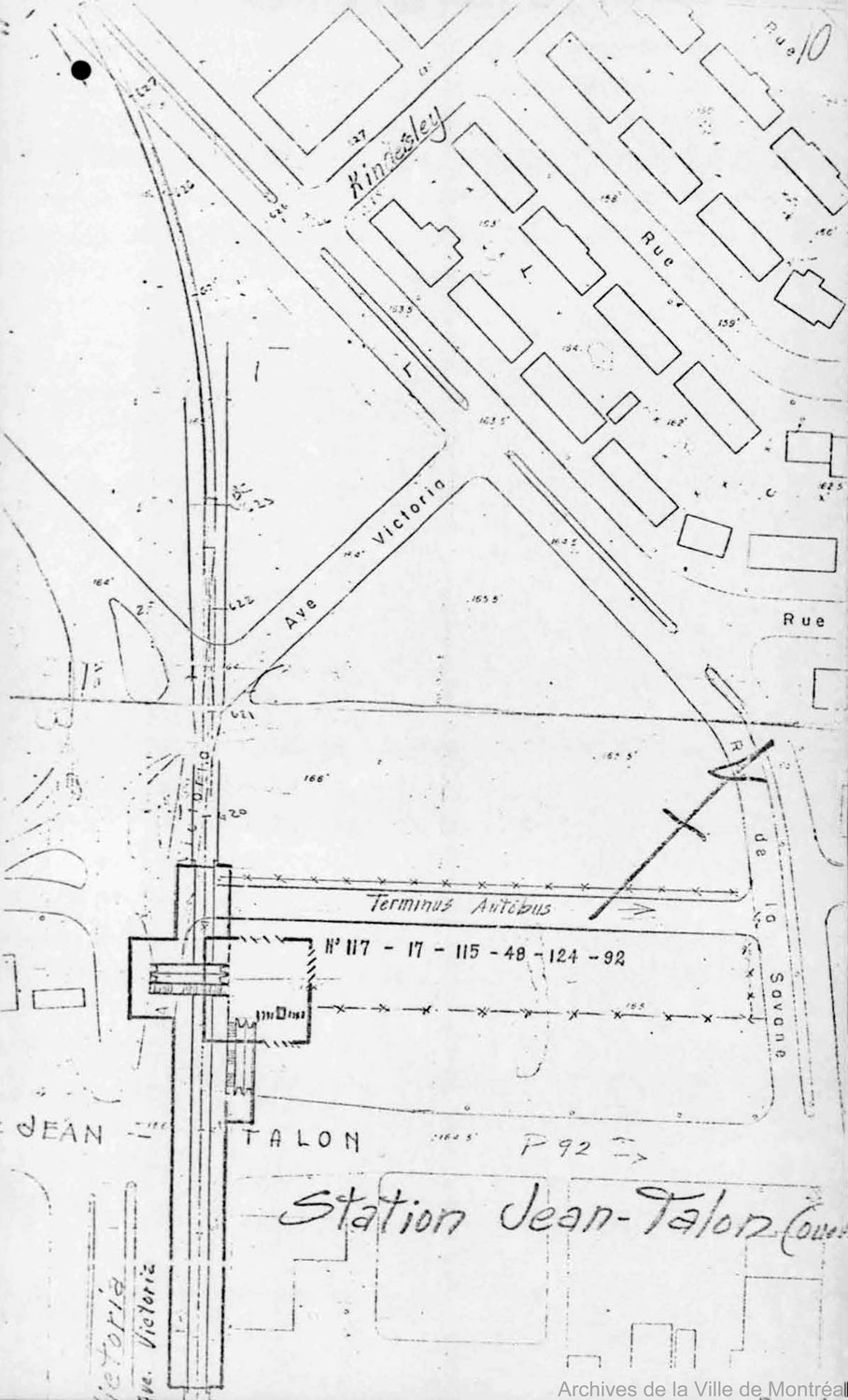 Sketch of the station in its original planned location at the corner of Rue Jean-Talon and Rue Victoria.