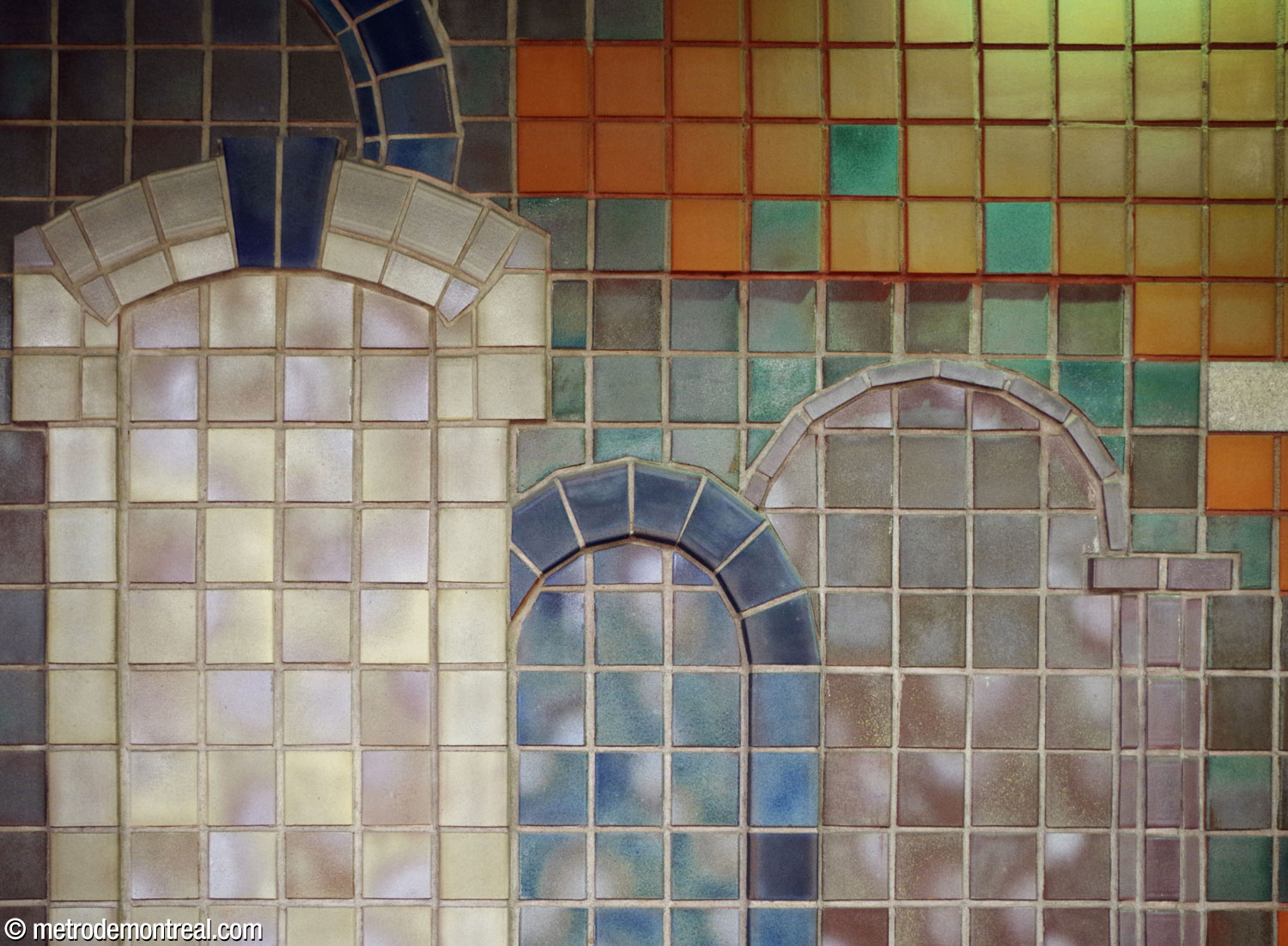 Detail of Gilbert Poissant's mural on the rear wall of the ticket hall.