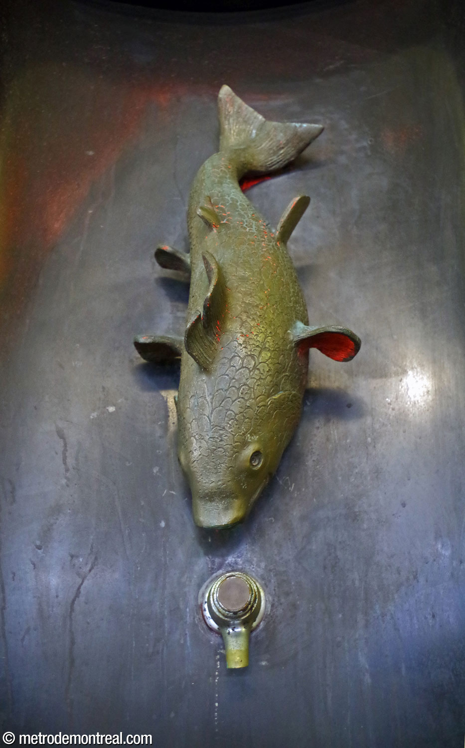Détail de la sculpture d'un poisson sur l'ancienne fontaine à boire.